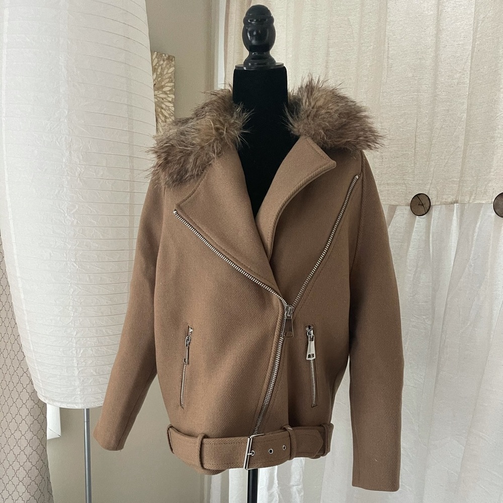 H&M Tan Bomber Jacket with Faux Fur Collar